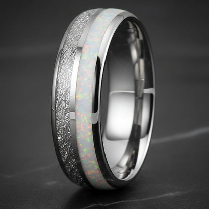 White Opal & Meteorite Tungsten Ring