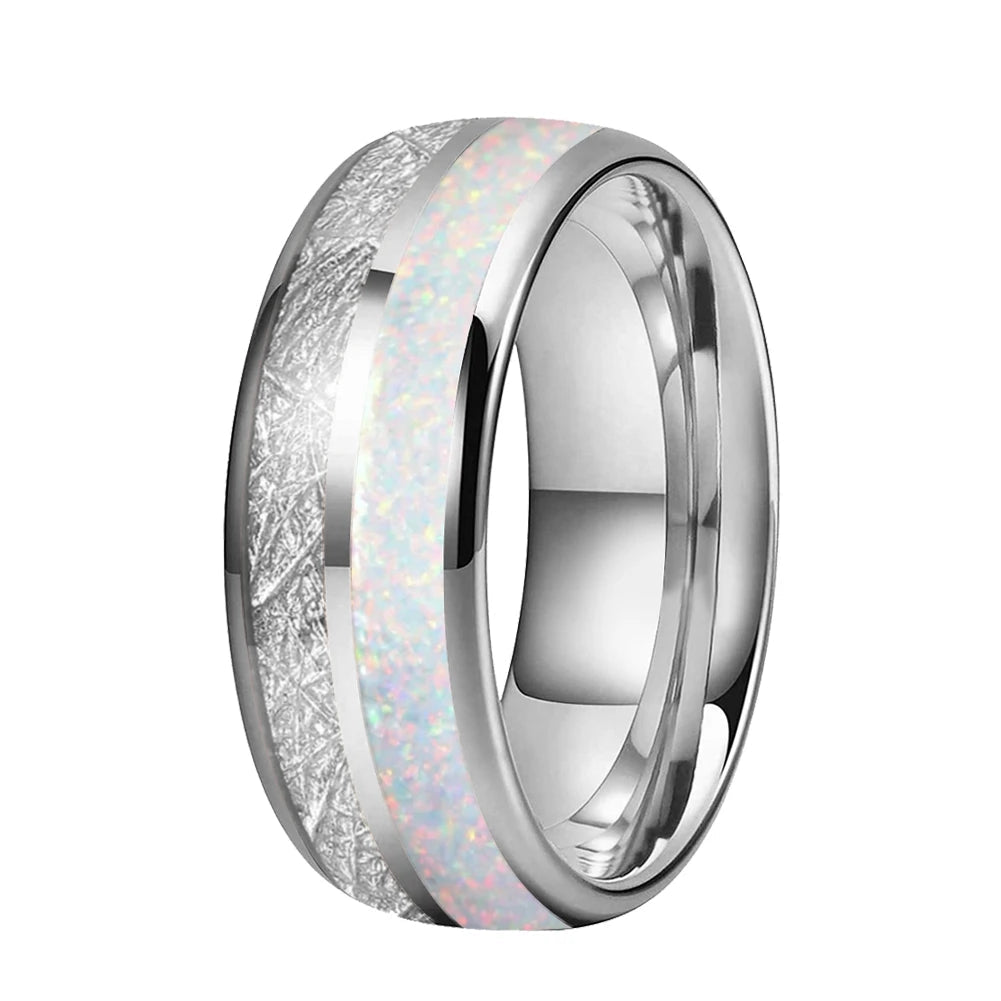 White Opal & Meteorite Tungsten Ring
