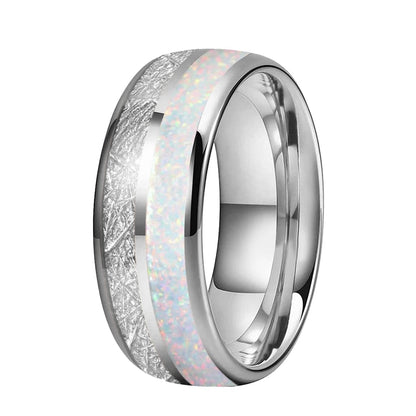 White Opal & Meteorite Tungsten Ring