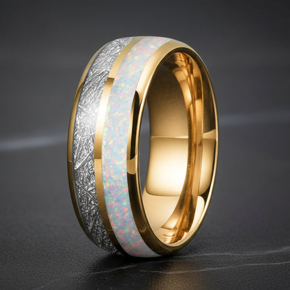White Opal & Meteorite Tungsten Ring