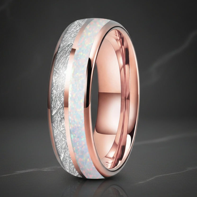 White Opal & Meteorite Tungsten Ring