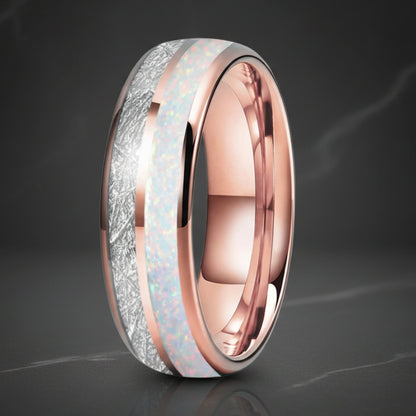 White Opal & Meteorite Tungsten Ring