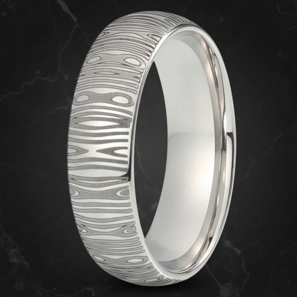 White Tungsten Damascus Ring
