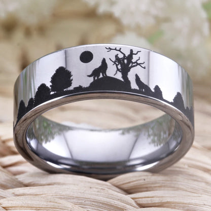 Wolf Design Silver Tungsten Ring
