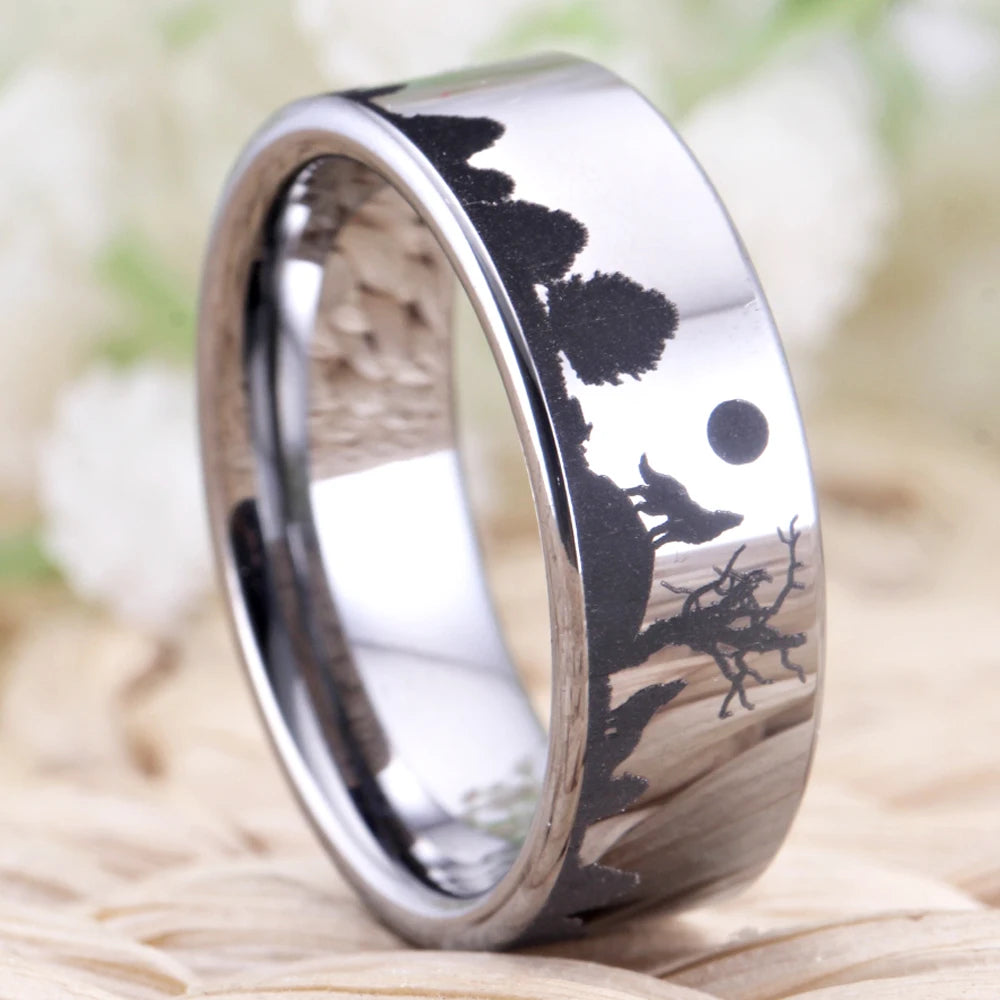 Wolf Design Silver Tungsten Ring