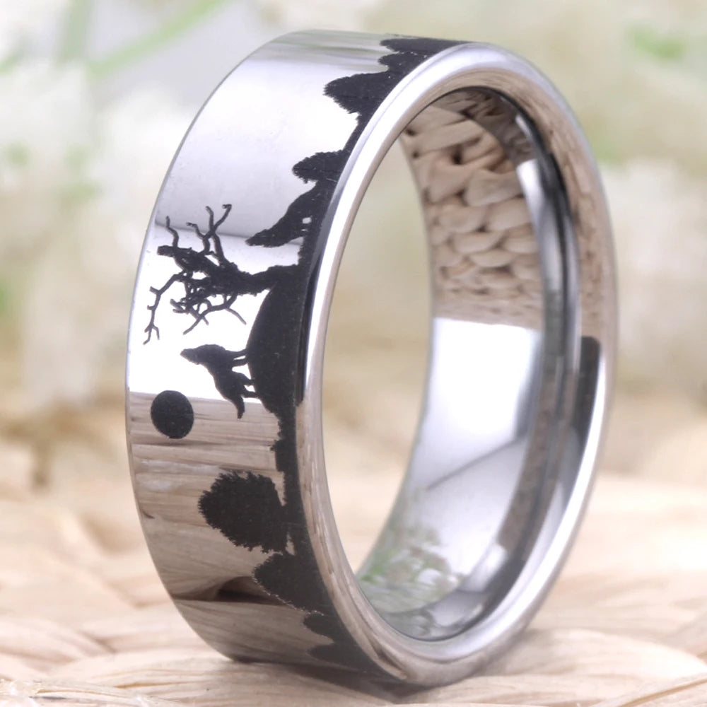 Wolf Design Silver Tungsten Ring