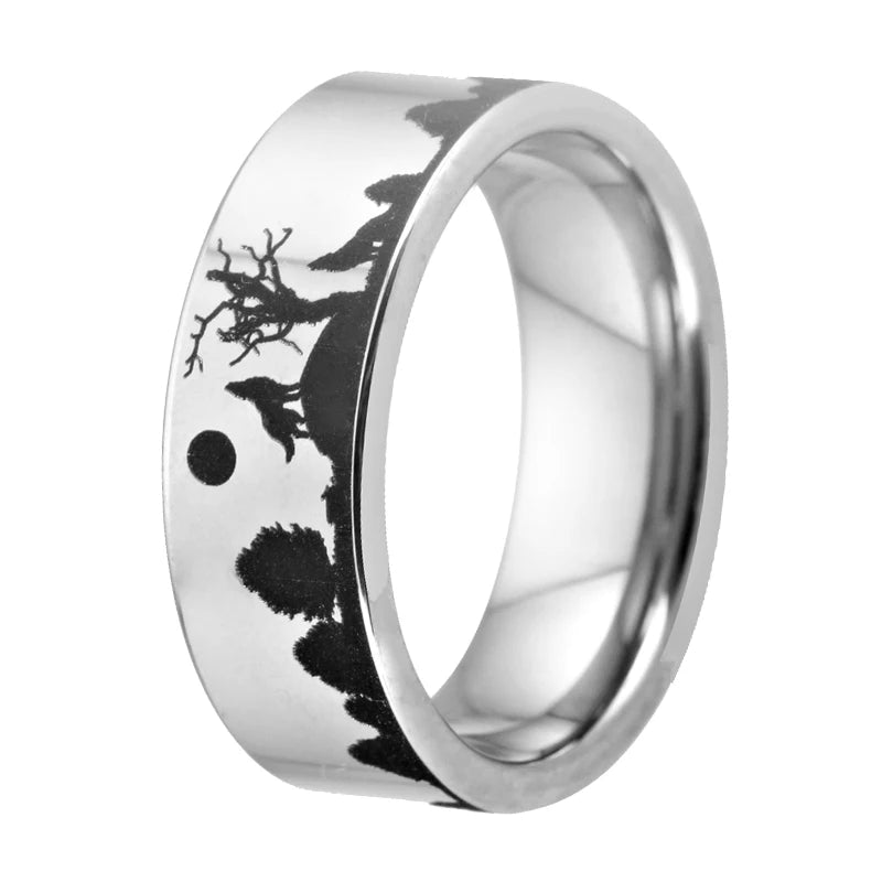Wolf Design Silver Tungsten Ring