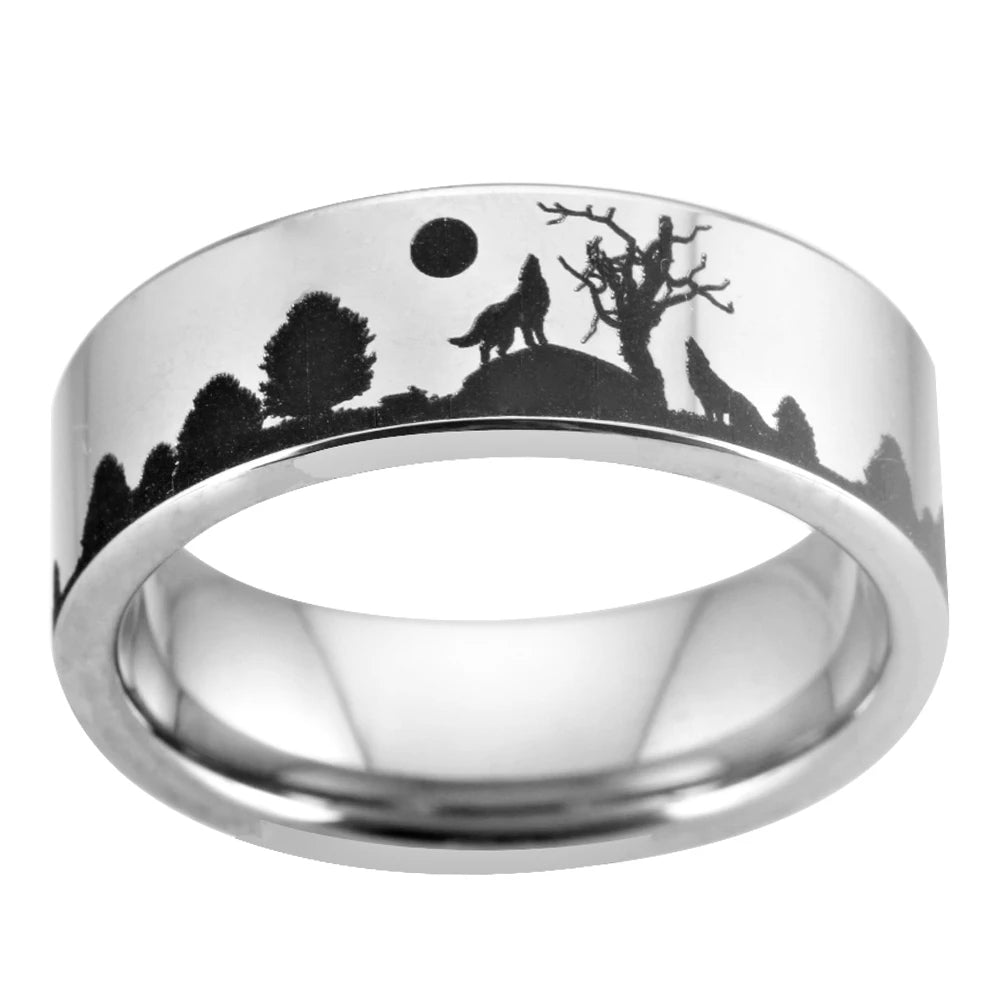 Wolf Design Silver Tungsten Ring