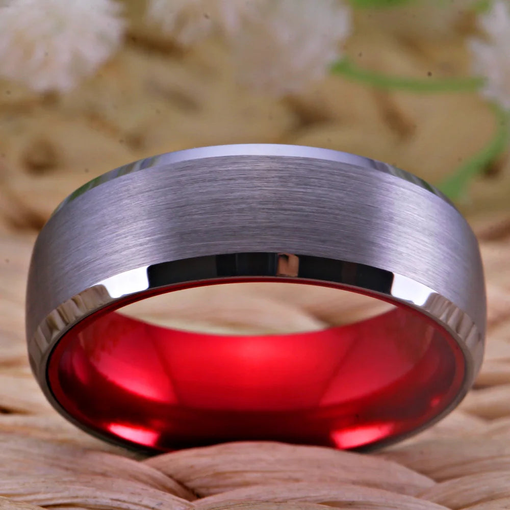 Women Men's Tungsten Ring Silver Tungsten with Red Aluminum Engagement Ring 