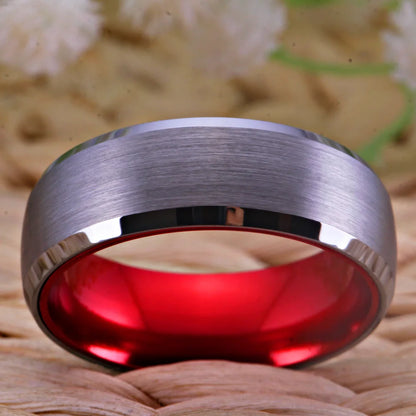 Women Men's Tungsten Ring Silver Tungsten with Red Aluminum Engagement Ring 