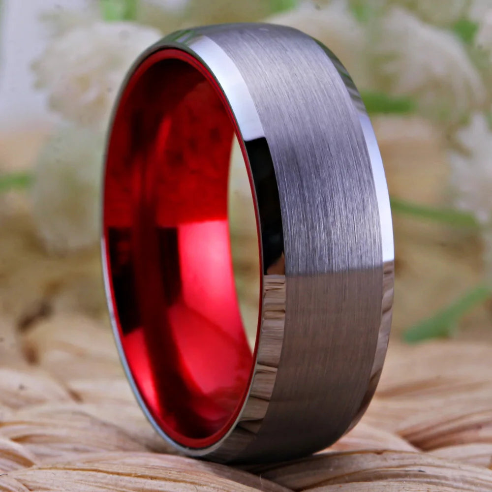 Women Men's Tungsten Ring Silver Tungsten with Red Aluminum Engagement Ring 