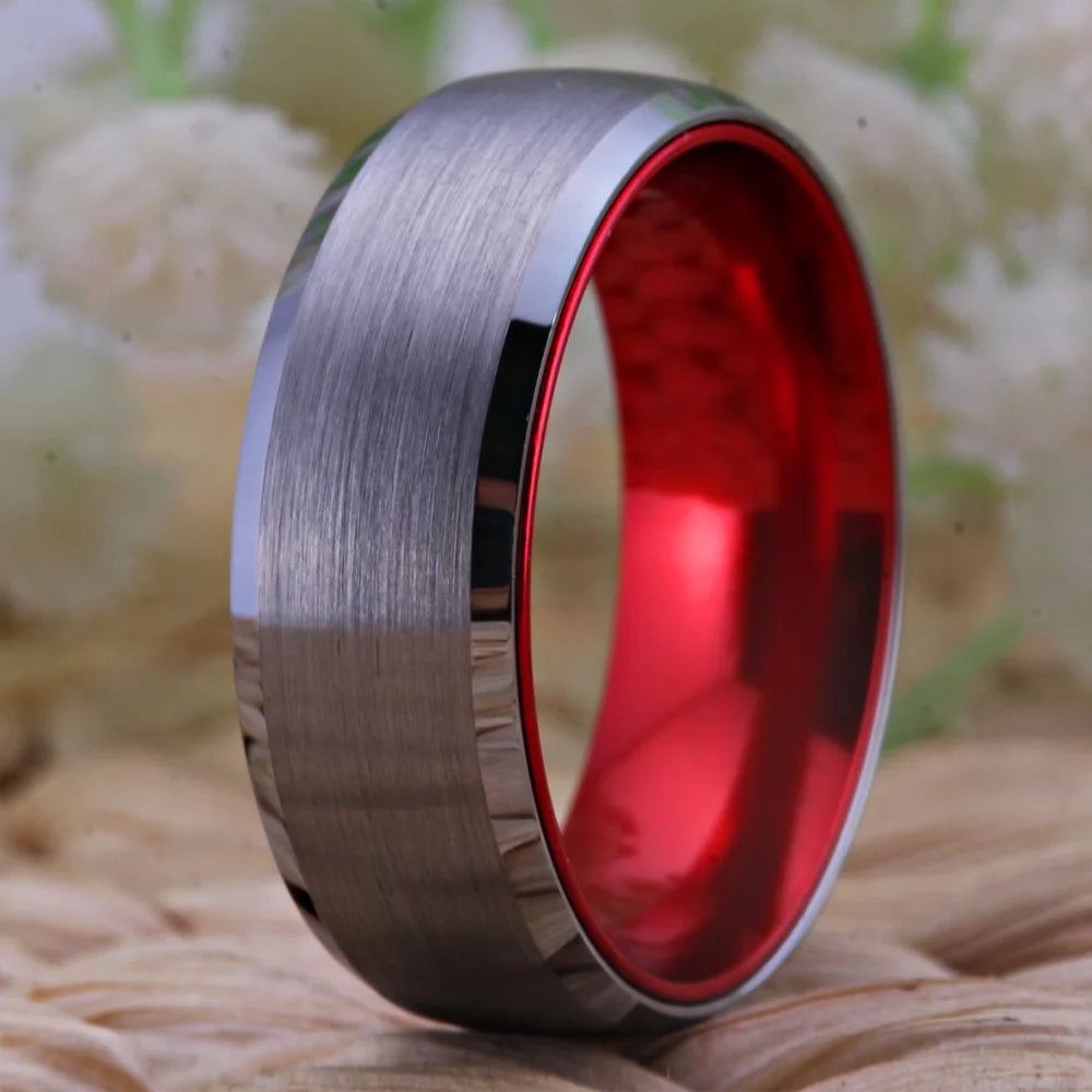 Women Men's Tungsten Ring Silver Tungsten with Red Aluminum Engagement Ring 