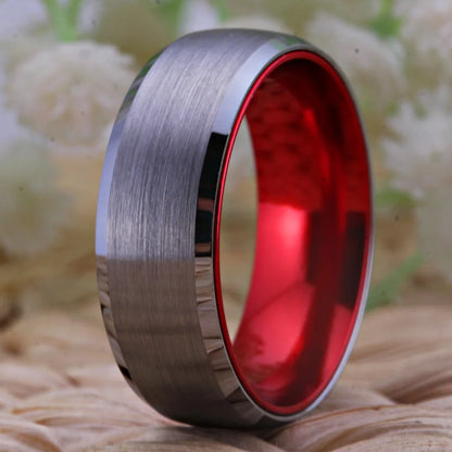 Women Men's Tungsten Ring Silver Tungsten with Red Aluminum Engagement Ring 