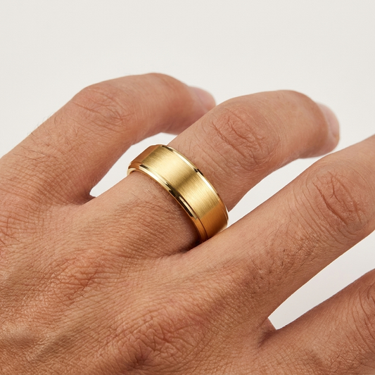 Yellow Gold Tungsten Ring with Step Beveled Brushed Finish