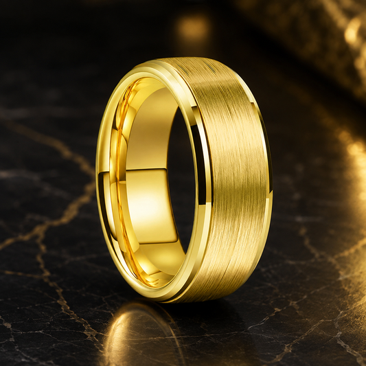 Yellow Gold Tungsten Ring with Step Beveled Brushed Finish