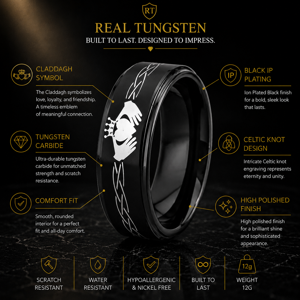 Tungsten Claddagh ring men