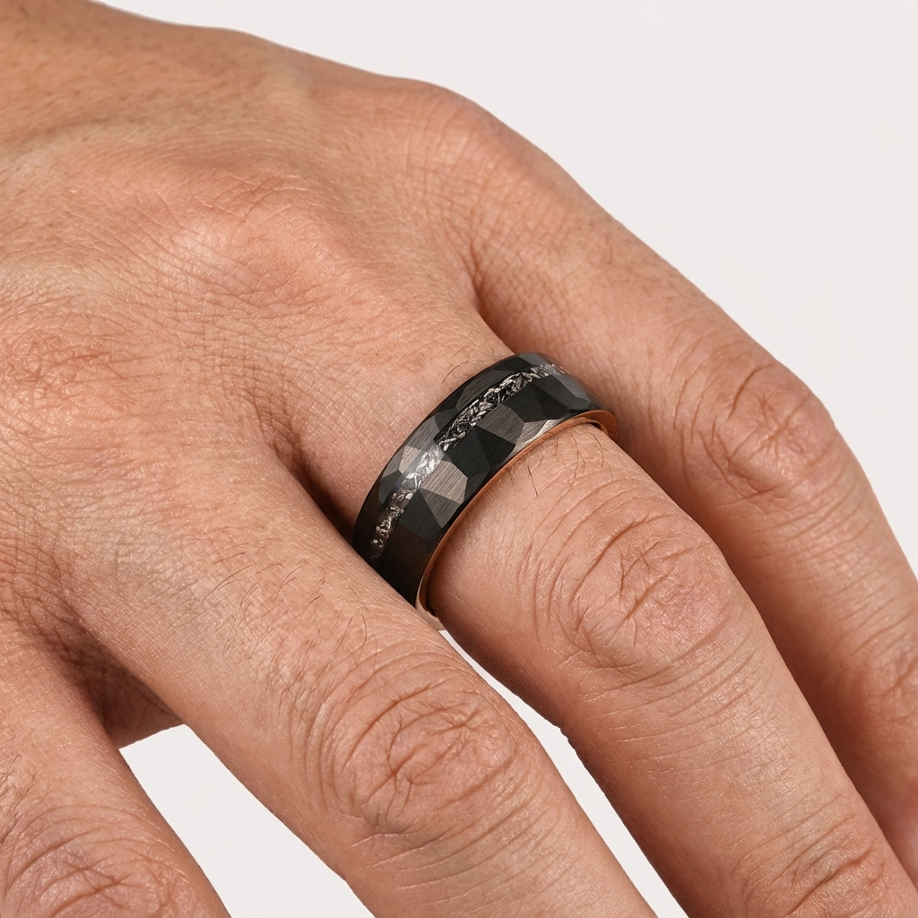 black-hammered-tungsten-ring-with-meteorite-inlay