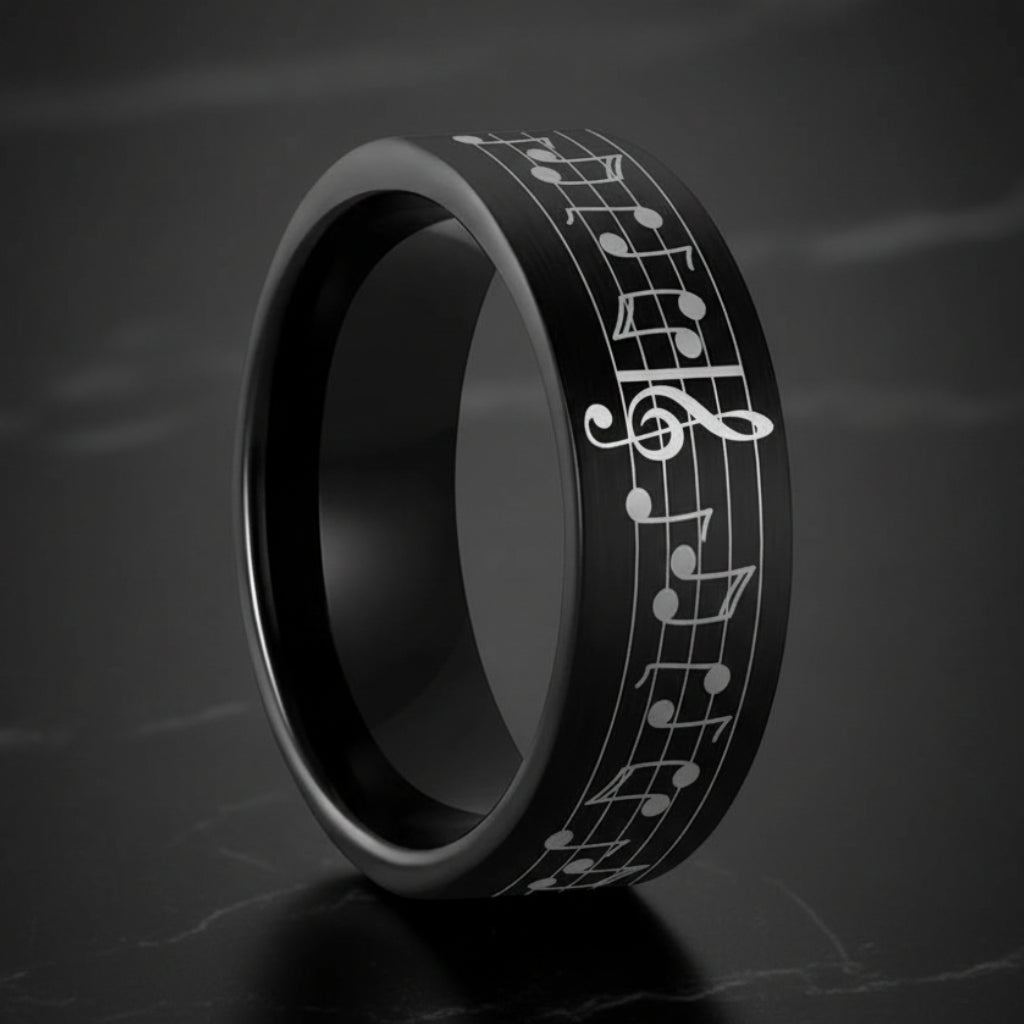Black Tungsten Music Ring – Musical Note Wedding Band