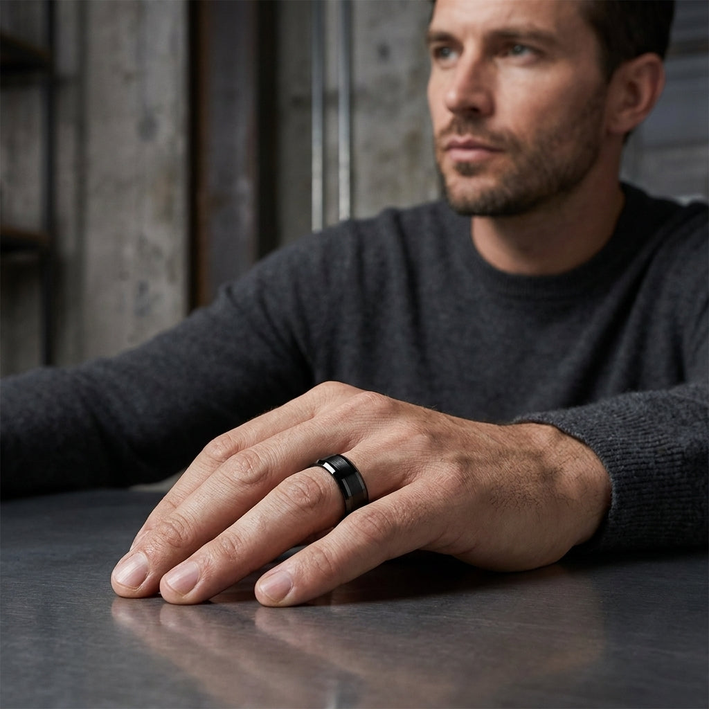 black brushed domed mens tungsten wedding ring