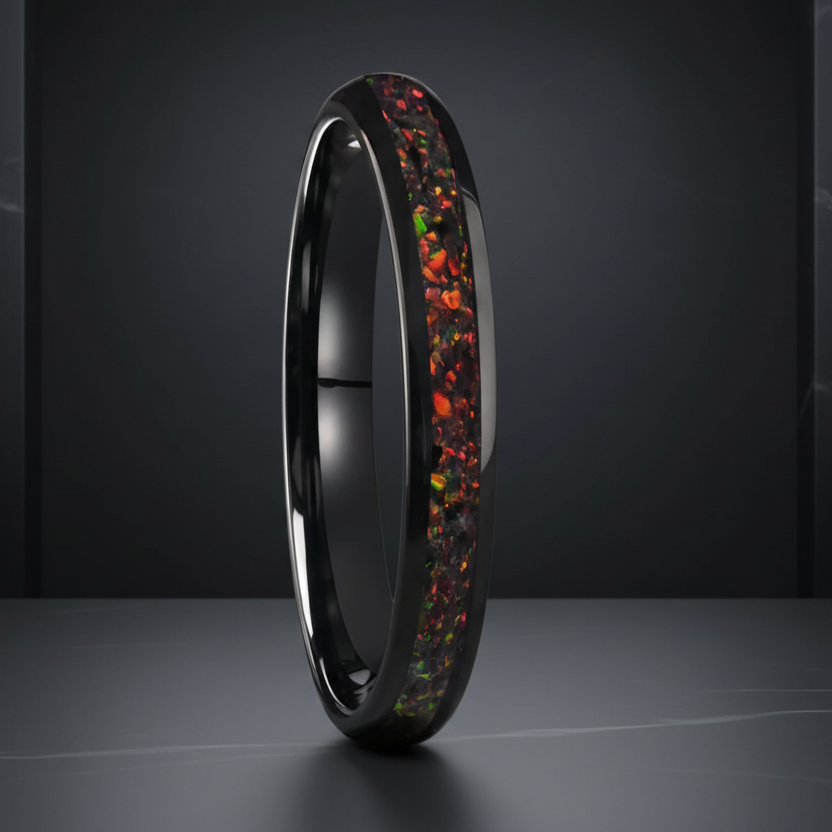 black fire opal tungsten wedding band