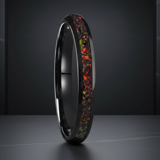 black fire opal tungsten wedding band