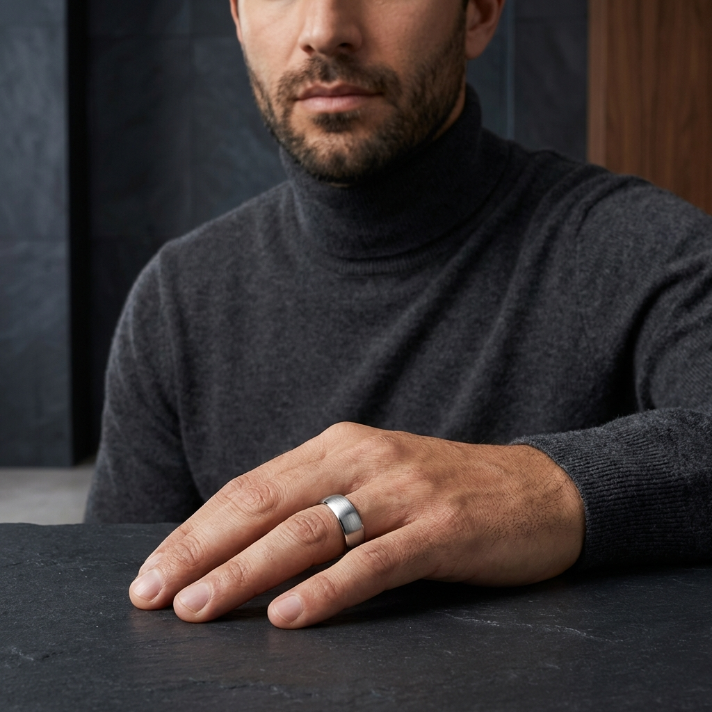 brushed silver tungsten wedding band with domed profile