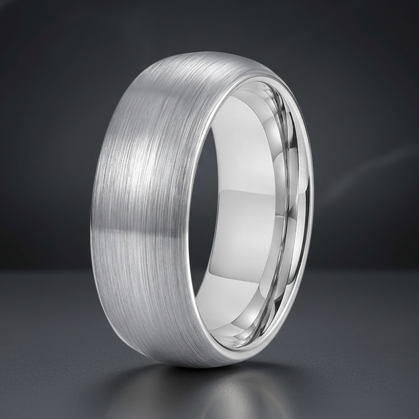 brushed silver tungsten wedding band with domed profile
