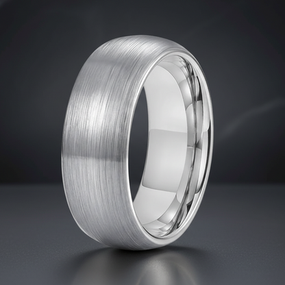 brushed silver tungsten wedding band with domed profile