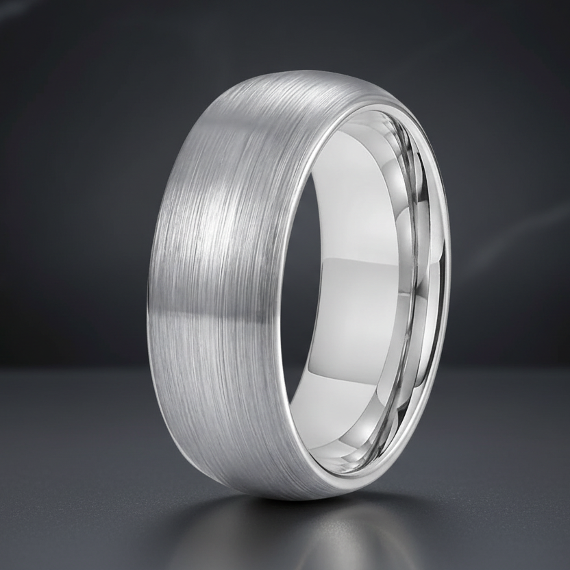 brushed silver tungsten wedding band with domed profile