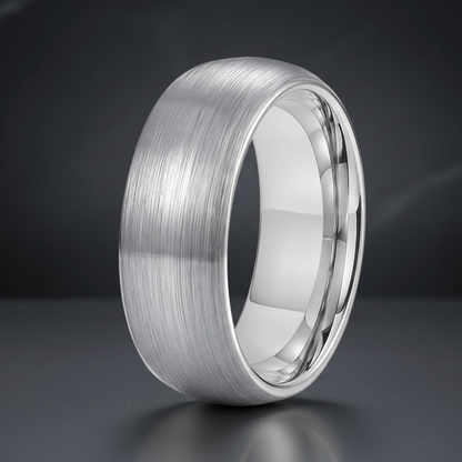 brushed silver tungsten wedding band with domed profile