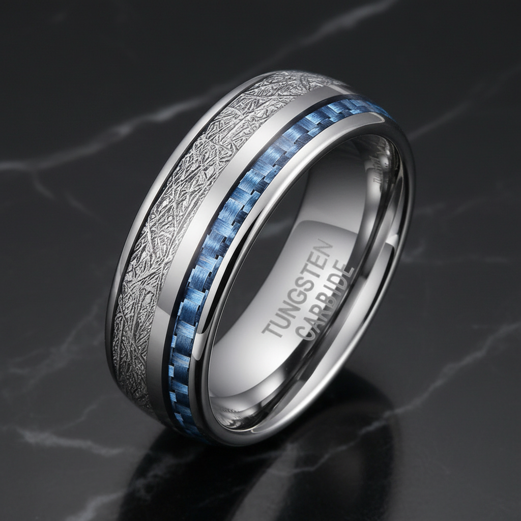 Meteorite &amp; Blue Carbon Fiber Tungsten Ring
