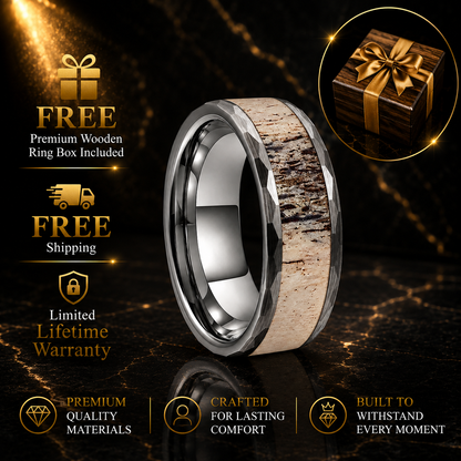 hammered-brushed-tungsten-ring-with-antler-inlay
