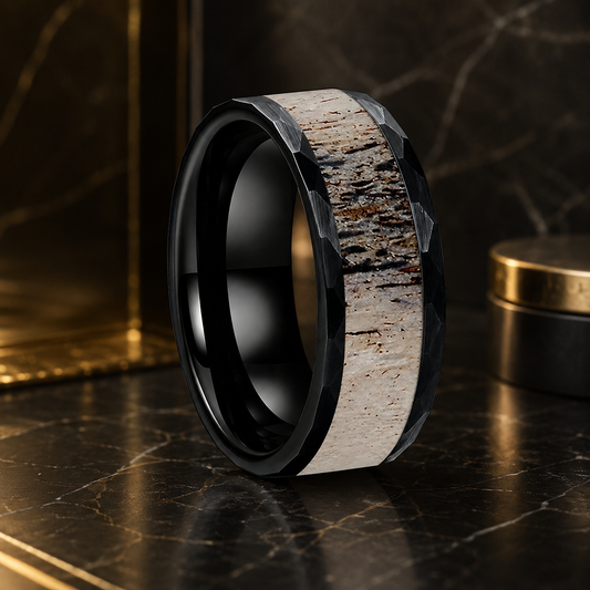 hammered-brushed-tungsten-ring-with-antler-inlay