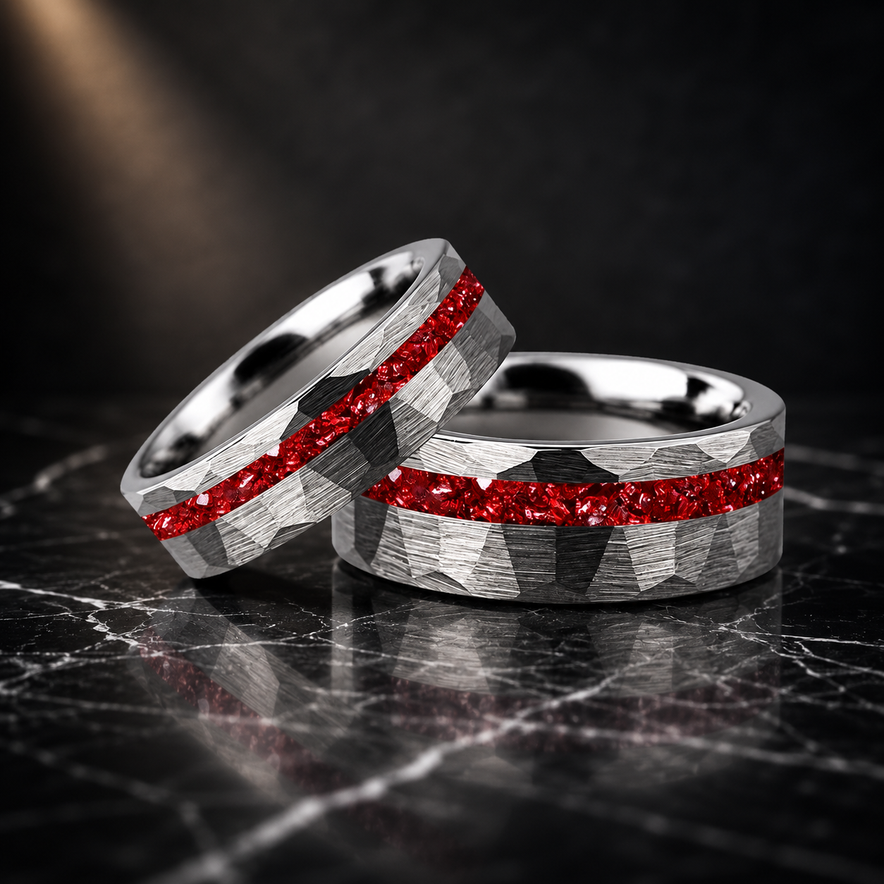 hammered faceted brushed tungsten carbide ring with red crystal stone