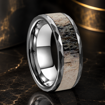 hammered-brushed-tungsten-ring-with-antler-inlay