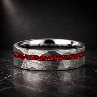 hammered faceted brushed tungsten carbide ring with red crystal stone