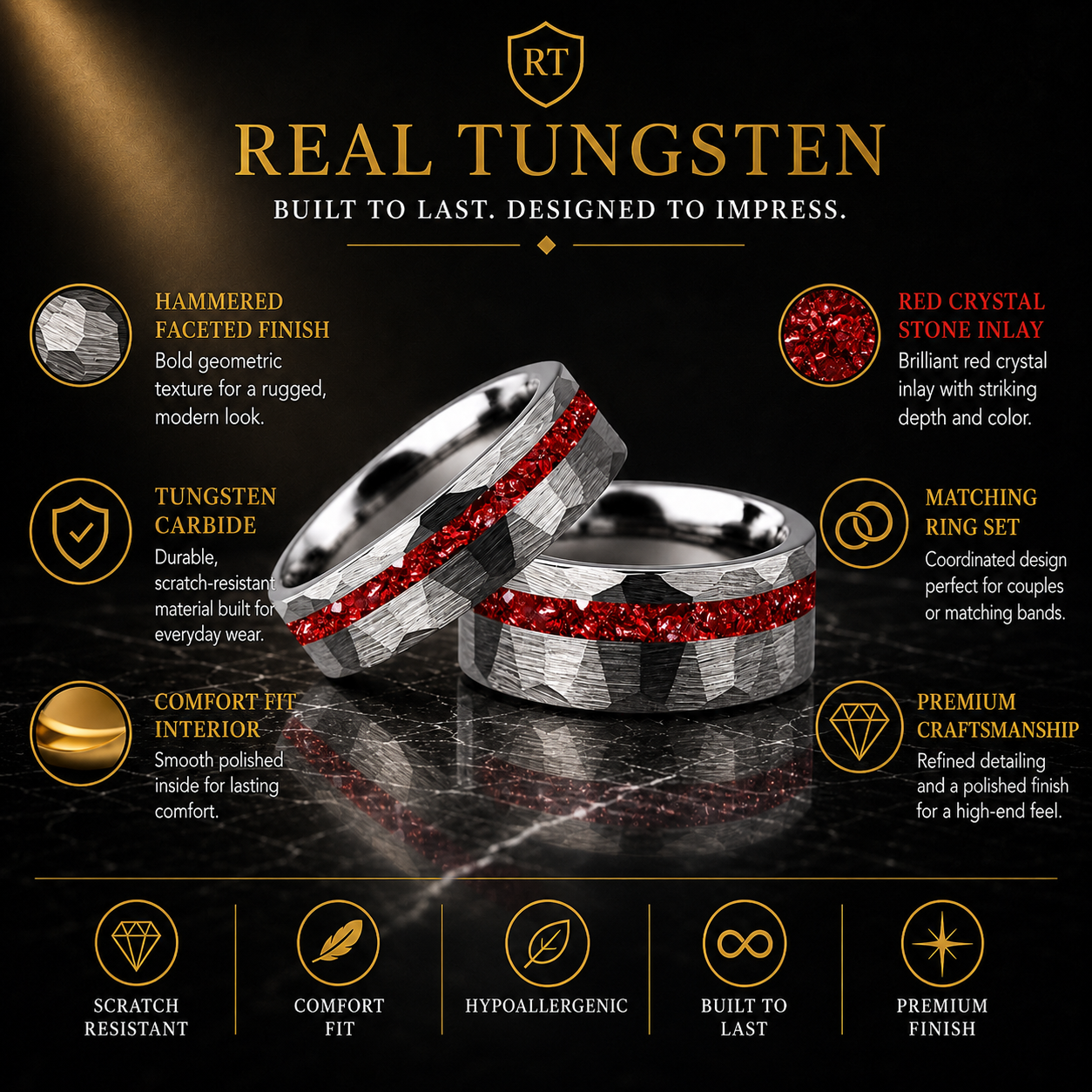 hammered faceted brushed tungsten carbide ring with red crystal stone