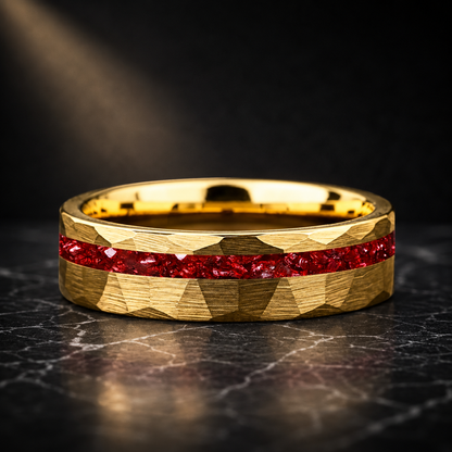 hammered faceted brushed tungsten carbide ring with red crystal stone