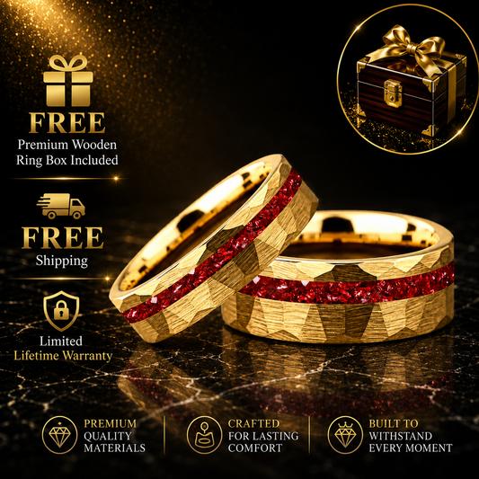 hammered faceted brushed tungsten carbide ring with red crystal stone