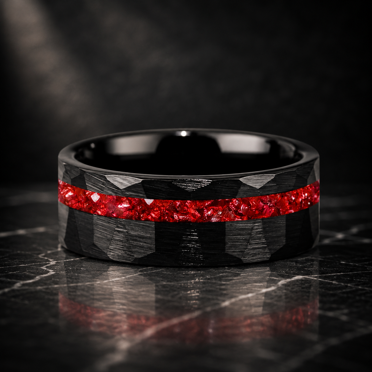 hammered faceted brushed tungsten carbide ring with red crystal stone