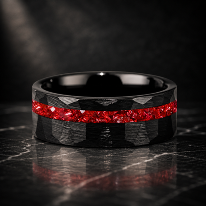 hammered faceted brushed tungsten carbide ring with red crystal stone