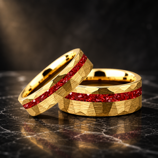 hammered faceted brushed tungsten carbide ring with red crystal stone