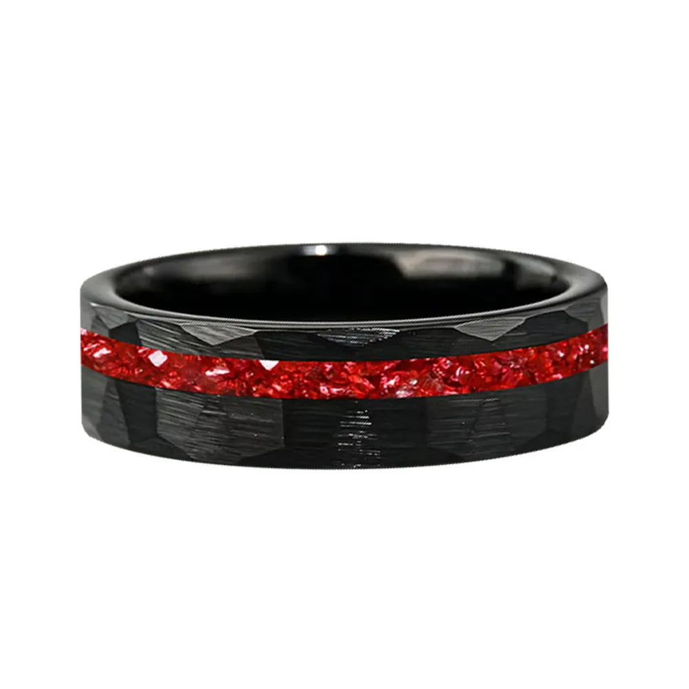 hammered tungsten carbide ring with red crystal stone