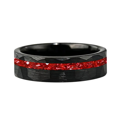hammered tungsten carbide ring with red crystal stone