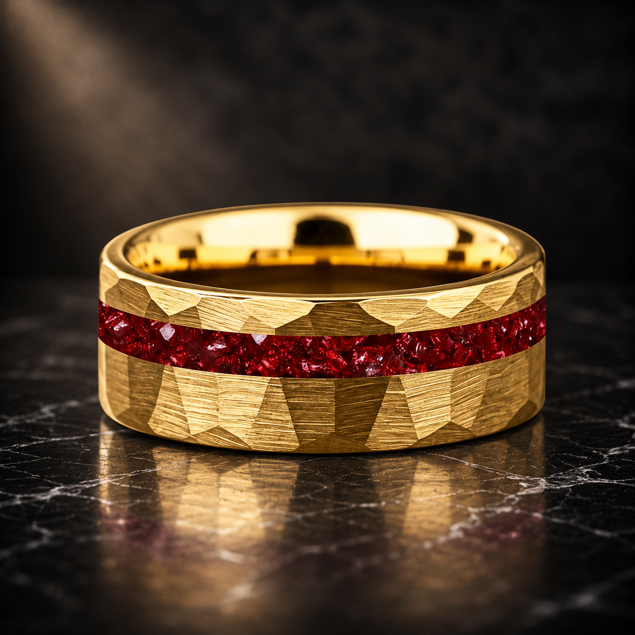 hammered tungsten carbide ring with red crystal stone