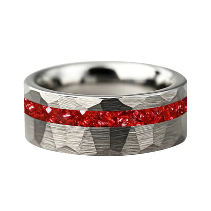 hammered tungsten carbide ring with red crystal stone