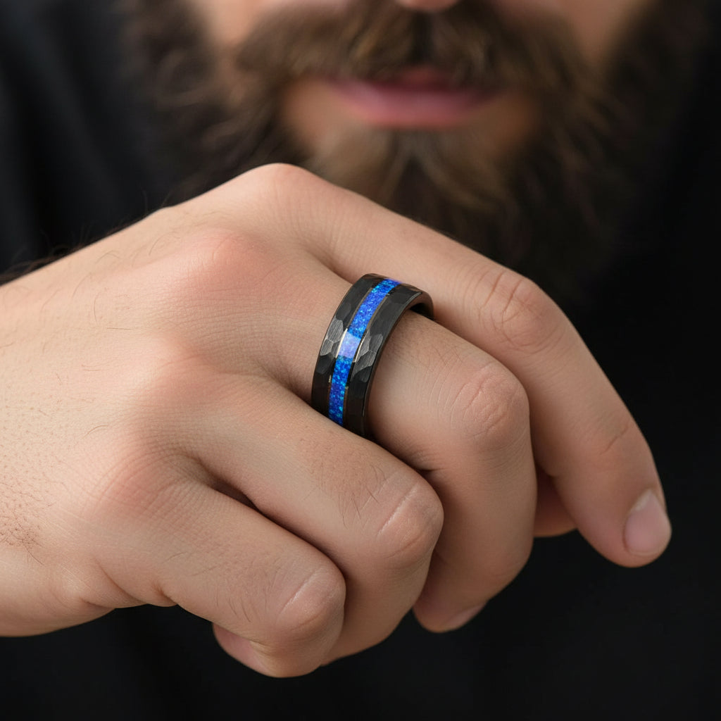 mens black hammered wedding band