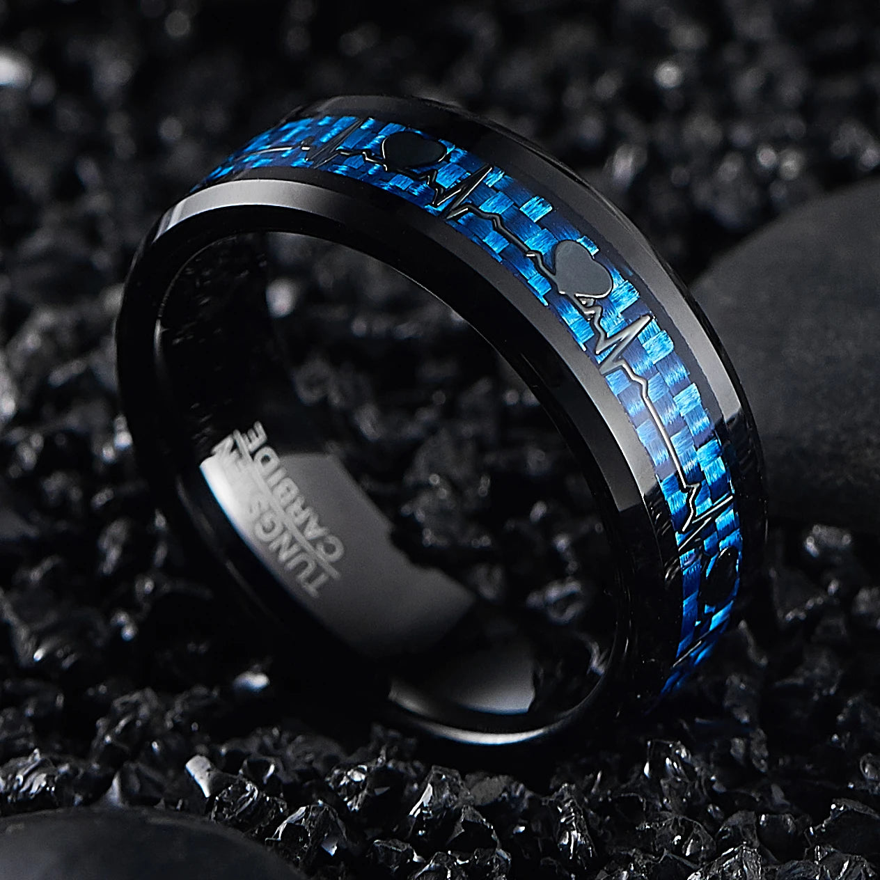 mens black and blue carbon fiber ring​

