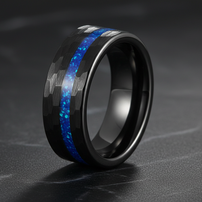 8mm Hammered Tungsten Ring – Opal Inlay