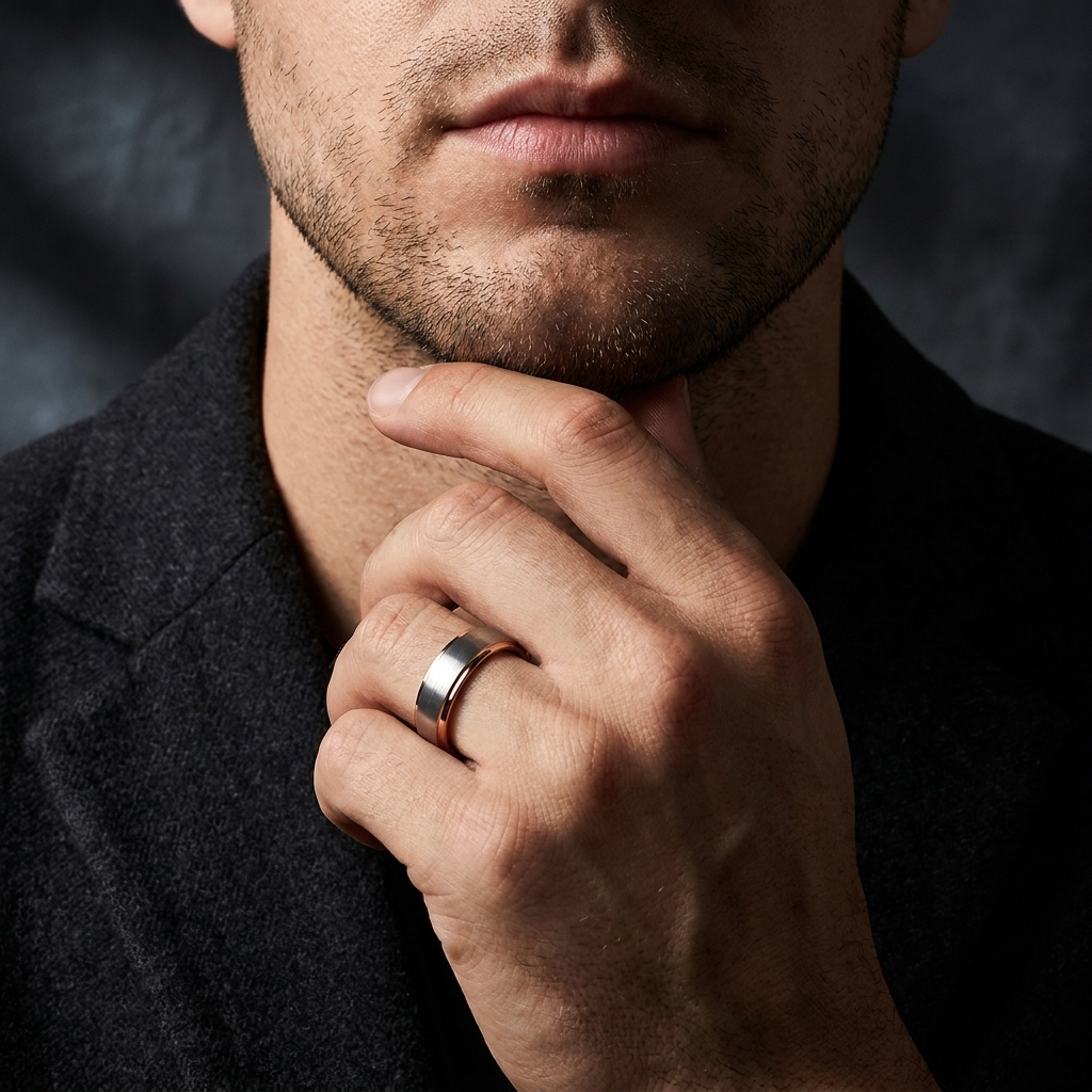 The Rosestep — Silver and Rose Gold Tungsten Wedding Band